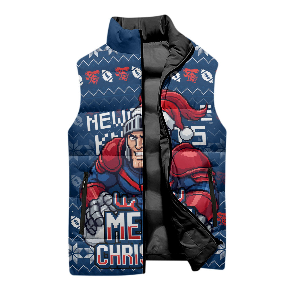 Personalized Newcastle Knights Christmas Sleeveless Puffer Jacket Australian Rugby Fans - Pixelated Ugly Xmas Pattern Mascot Santa
