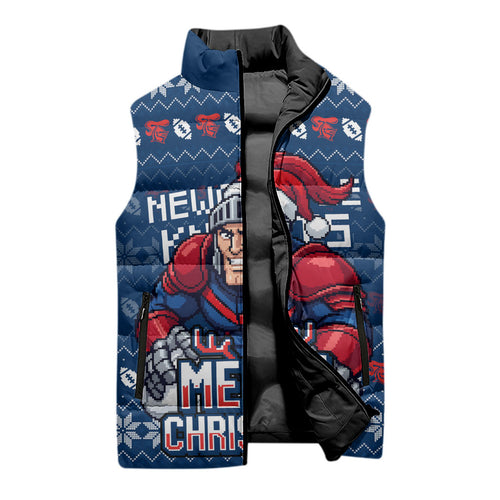 Personalized Newcastle Knights Christmas Sleeveless Puffer Jacket Australian Rugby Fans - Pixelated Ugly Xmas Pattern Mascot Santa