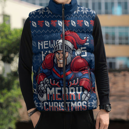 Personalized Newcastle Knights Christmas Sleeveless Puffer Jacket Australian Rugby Fans - Pixelated Ugly Xmas Pattern Mascot Santa