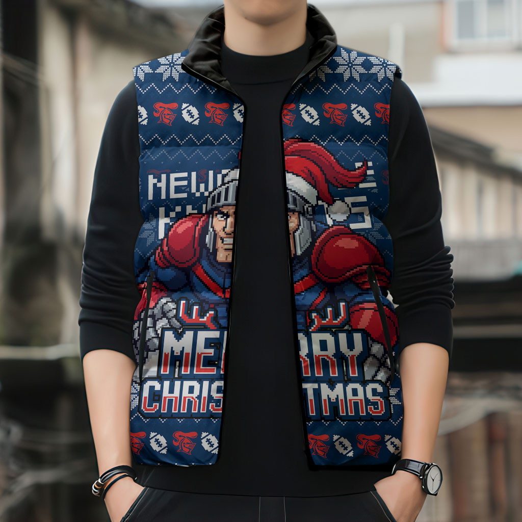 Personalized Newcastle Knights Christmas Sleeveless Puffer Jacket Australian Rugby Fans - Pixelated Ugly Xmas Pattern Mascot Santa