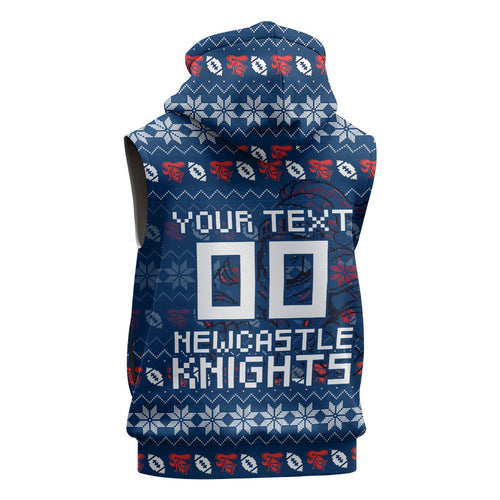 Personalized Newcastle Knights Christmas Sleeveless Zip Hoodie Australian Rugby Fans - Pixelated Ugly Xmas Pattern Mascot Santa