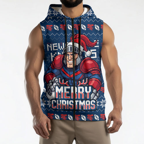 Personalized Newcastle Knights Christmas Sleeveless Zip Hoodie Australian Rugby Fans - Pixelated Ugly Xmas Pattern Mascot Santa