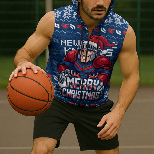Personalized Newcastle Knights Christmas Sleeveless Zip Hoodie Australian Rugby Fans - Pixelated Ugly Xmas Pattern Mascot Santa