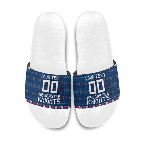 Personalized Newcastle Knights Christmas Slide Sandals Australian Rugby Fans - Pixelated Ugly Xmas Pattern Mascot Santa