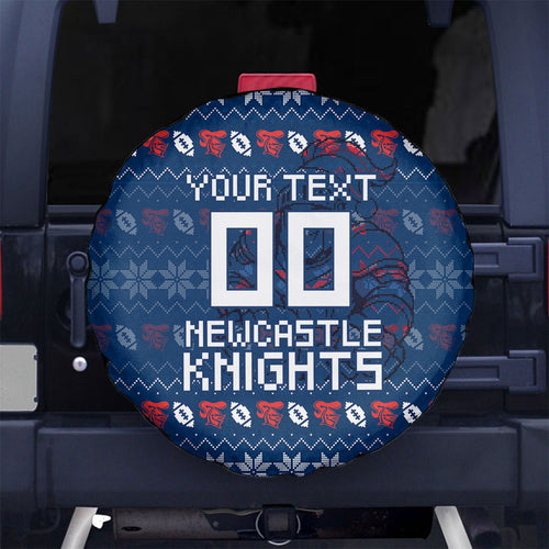 Personalized Newcastle Knights Christmas Spare Tire Cover Australian Rugby Fans - Pixelated Ugly Xmas Pattern Mascot Santa