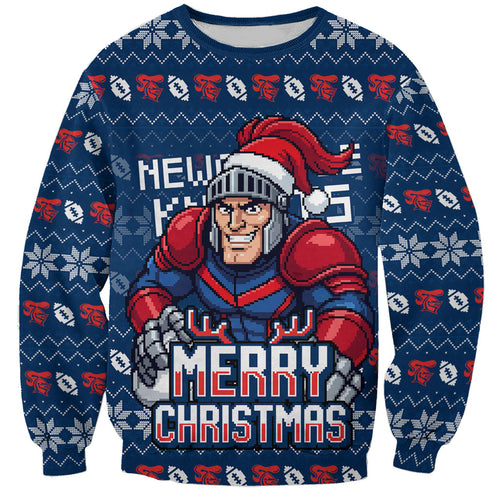 Personalized Newcastle Knights Christmas Sweatshirt Australian Rugby Fans - Pixelated Ugly Xmas Pattern Mascot Santa