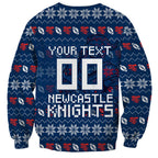 Personalized Newcastle Knights Christmas Sweatshirt Australian Rugby Fans - Pixelated Ugly Xmas Pattern Mascot Santa