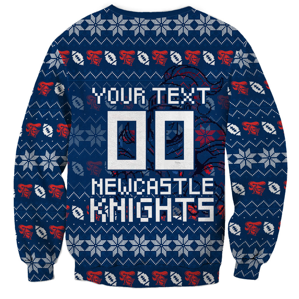 Personalized Newcastle Knights Christmas Sweatshirt Australian Rugby Fans - Pixelated Ugly Xmas Pattern Mascot Santa