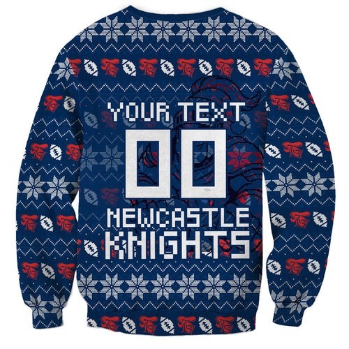 Personalized Newcastle Knights Christmas Sweatshirt Australian Rugby Fans - Pixelated Ugly Xmas Pattern Mascot Santa