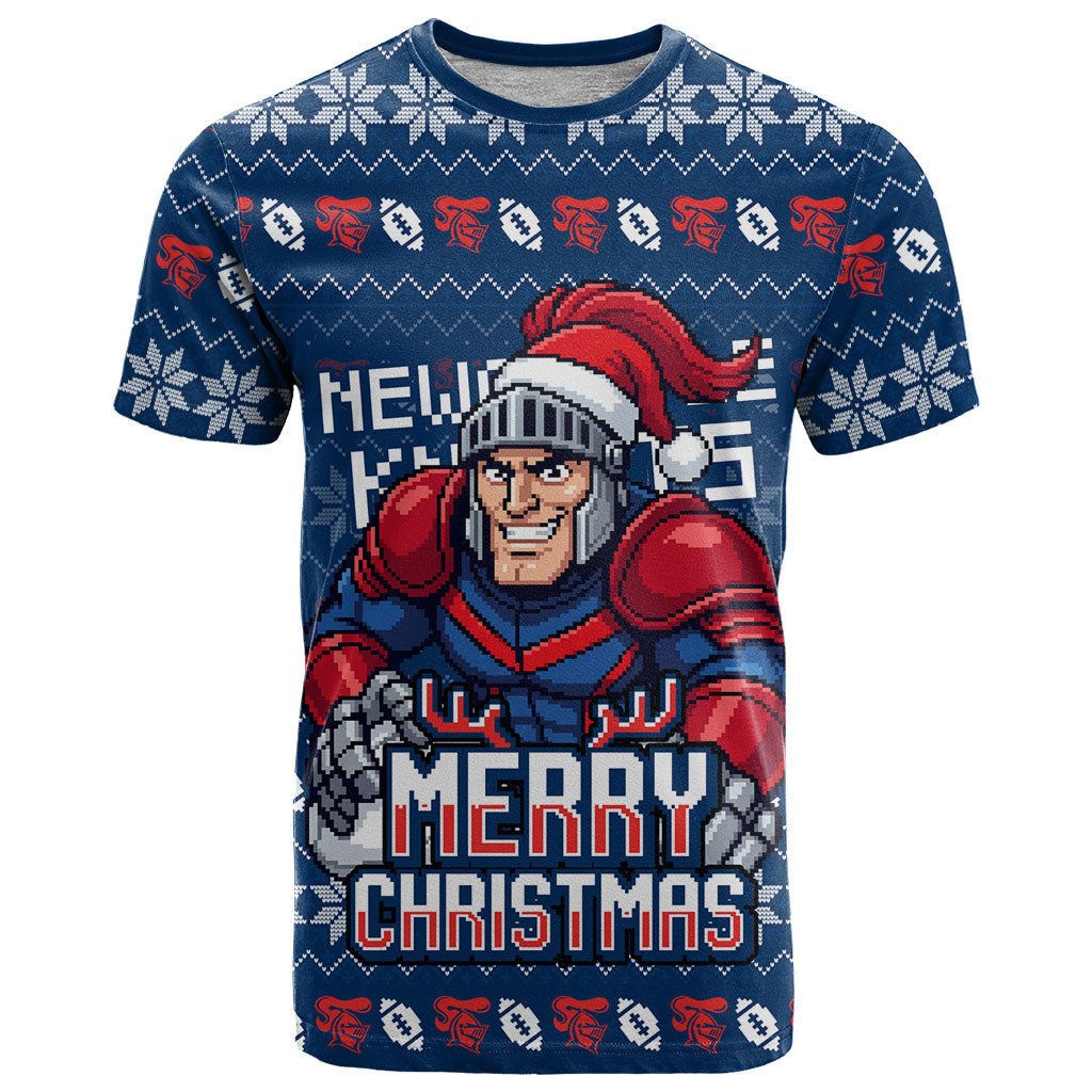 Personalized Newcastle Knights Christmas T Shirt Australian Rugby Fans - Pixelated Ugly Xmas Pattern Mascot Santa