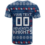 Personalized Newcastle Knights Christmas T Shirt Australian Rugby Fans - Pixelated Ugly Xmas Pattern Mascot Santa