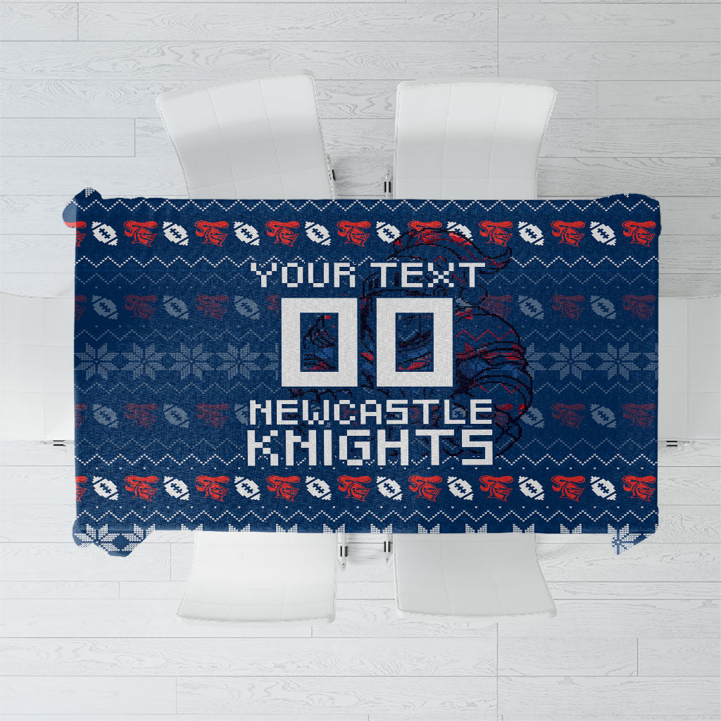 Personalized Newcastle Knights Christmas Tablecloth Australian Rugby Fans - Pixelated Ugly Xmas Pattern Mascot Santa