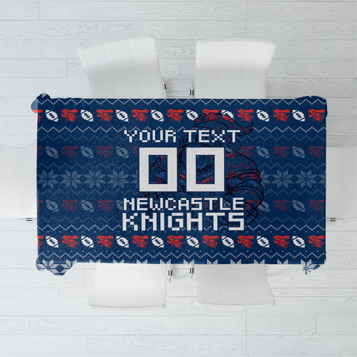 Personalized Newcastle Knights Christmas Tablecloth Australian Rugby Fans - Pixelated Ugly Xmas Pattern Mascot Santa