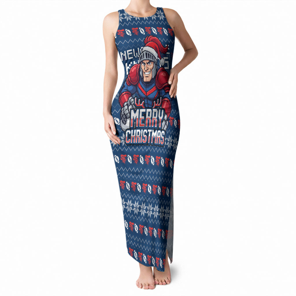 Personalized Newcastle Knights Christmas Tank Maxi Dress Australian Rugby Fans - Pixelated Ugly Xmas Pattern Mascot Santa