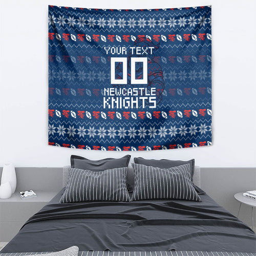 Personalized Newcastle Knights Christmas Tapestry Australian Rugby Fans - Pixelated Ugly Xmas Pattern Mascot Santa
