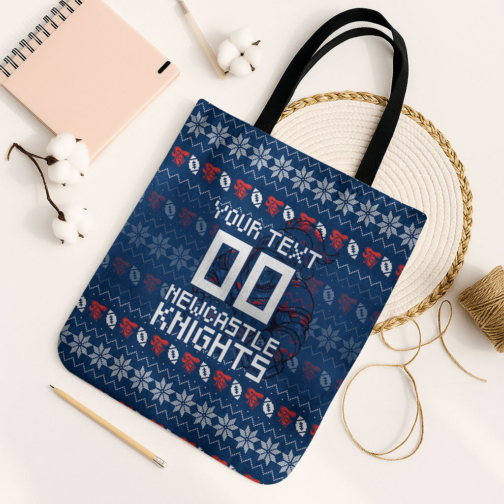 Personalized Newcastle Knights Christmas Tote Bag Australian Rugby Fans - Pixelated Ugly Xmas Pattern Mascot Santa