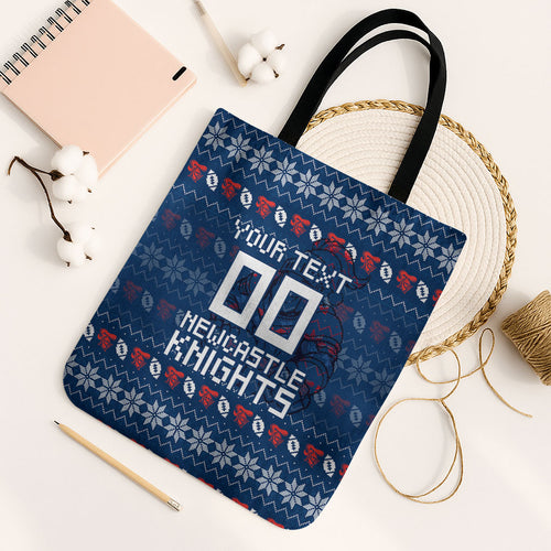 Personalized Newcastle Knights Christmas Tote Bag Australian Rugby Fans - Pixelated Ugly Xmas Pattern Mascot Santa