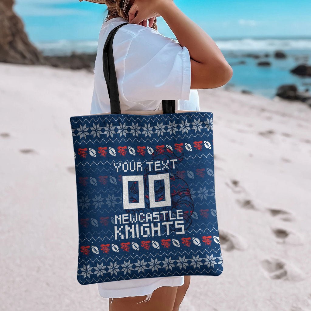 Personalized Newcastle Knights Christmas Tote Bag Australian Rugby Fans - Pixelated Ugly Xmas Pattern Mascot Santa