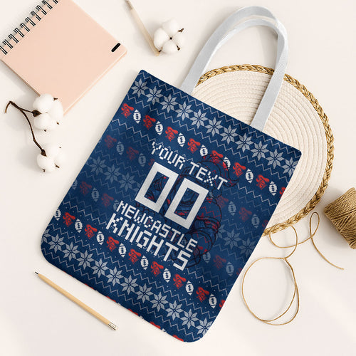 Personalized Newcastle Knights Christmas Tote Bag Australian Rugby Fans - Pixelated Ugly Xmas Pattern Mascot Santa
