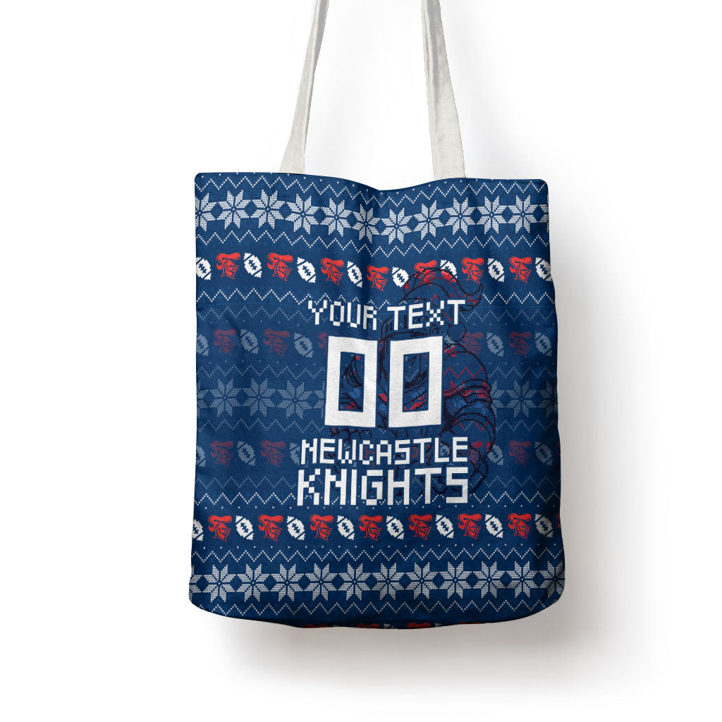 Personalized Newcastle Knights Christmas Tote Bag Australian Rugby Fans - Pixelated Ugly Xmas Pattern Mascot Santa