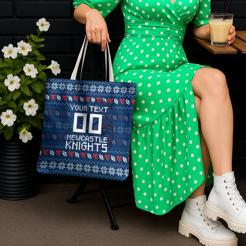 Personalized Newcastle Knights Christmas Tote Bag Australian Rugby Fans - Pixelated Ugly Xmas Pattern Mascot Santa