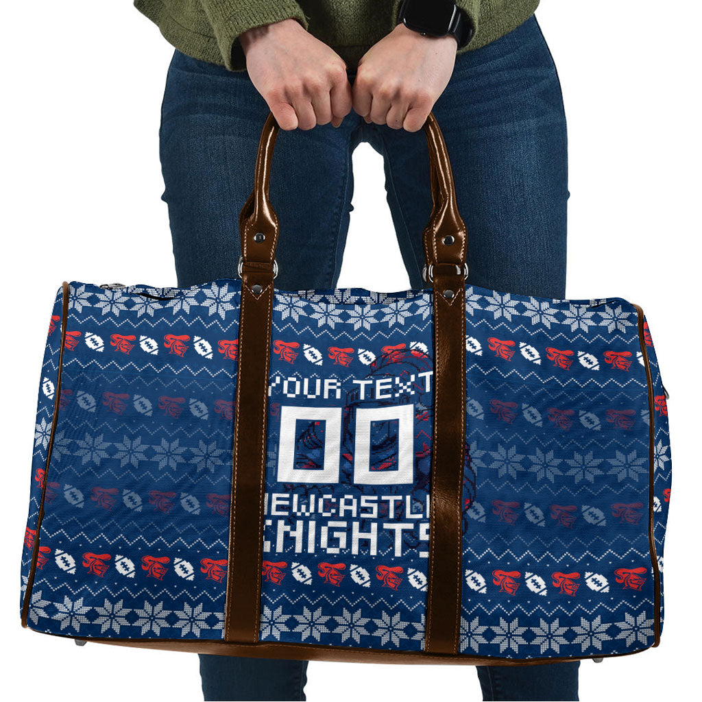 Personalized Newcastle Knights Christmas Travel Bag Australian Rugby Fans - Pixelated Ugly Xmas Pattern Mascot Santa