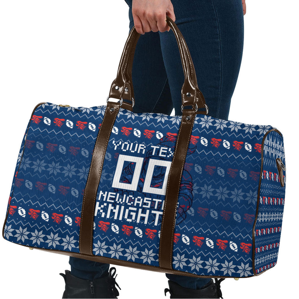 Personalized Newcastle Knights Christmas Travel Bag Australian Rugby Fans - Pixelated Ugly Xmas Pattern Mascot Santa