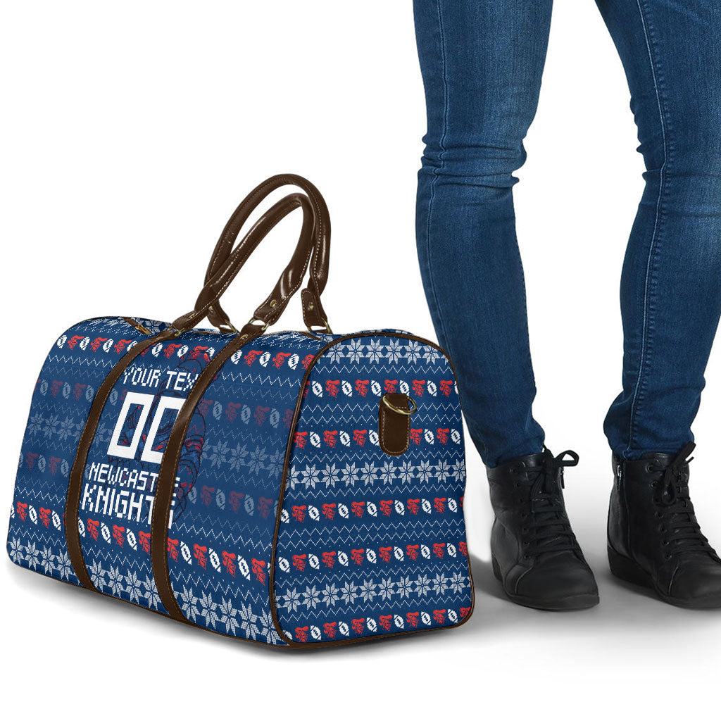 Personalized Newcastle Knights Christmas Travel Bag Australian Rugby Fans - Pixelated Ugly Xmas Pattern Mascot Santa