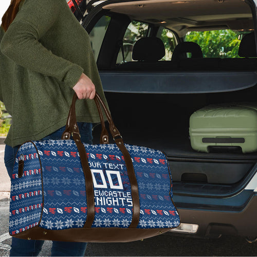 Personalized Newcastle Knights Christmas Travel Bag Australian Rugby Fans - Pixelated Ugly Xmas Pattern Mascot Santa