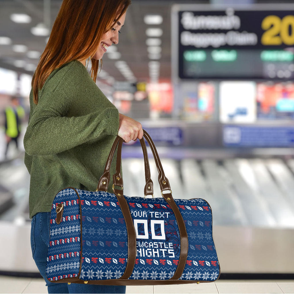 Personalized Newcastle Knights Christmas Travel Bag Australian Rugby Fans - Pixelated Ugly Xmas Pattern Mascot Santa