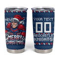 Personalized Newcastle Knights Christmas Tumbler Cup Australian Rugby Fans - Pixelated Ugly Xmas Pattern Mascot Santa