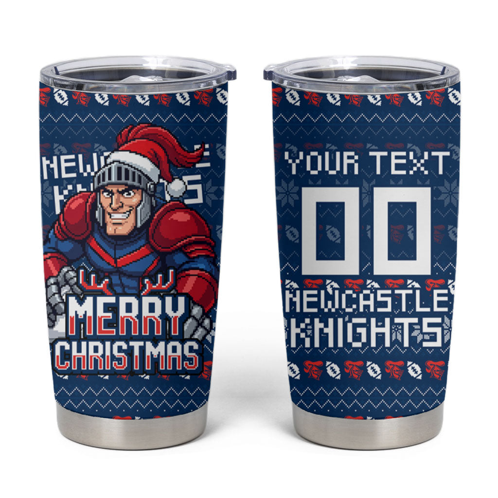 Personalized Newcastle Knights Christmas Tumbler Cup Australian Rugby Fans - Pixelated Ugly Xmas Pattern Mascot Santa
