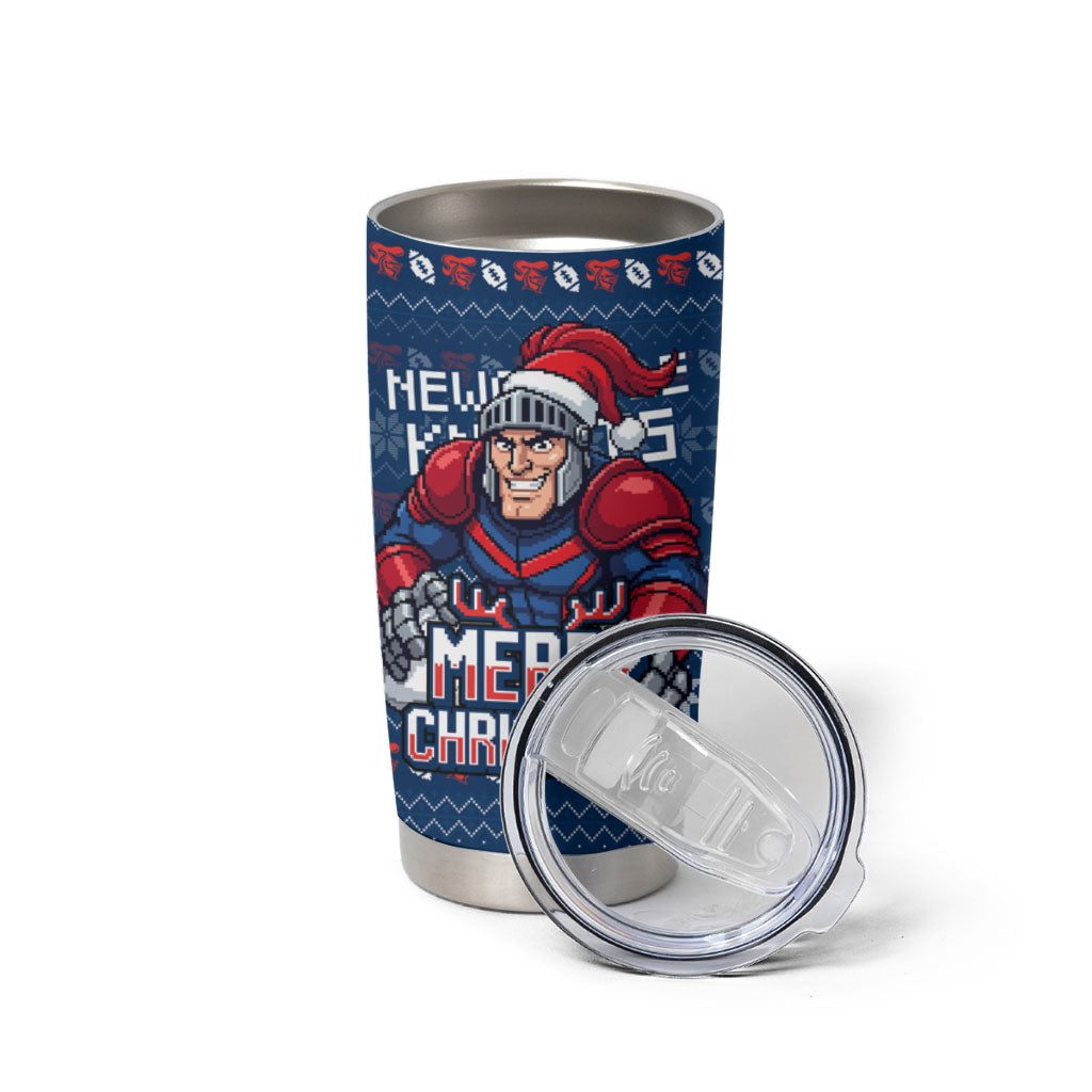 Personalized Newcastle Knights Christmas Tumbler Cup Australian Rugby Fans - Pixelated Ugly Xmas Pattern Mascot Santa