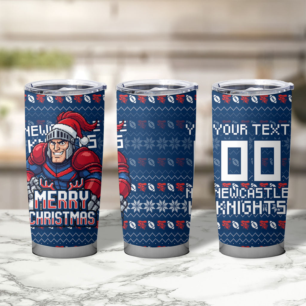 Personalized Newcastle Knights Christmas Tumbler Cup Australian Rugby Fans - Pixelated Ugly Xmas Pattern Mascot Santa