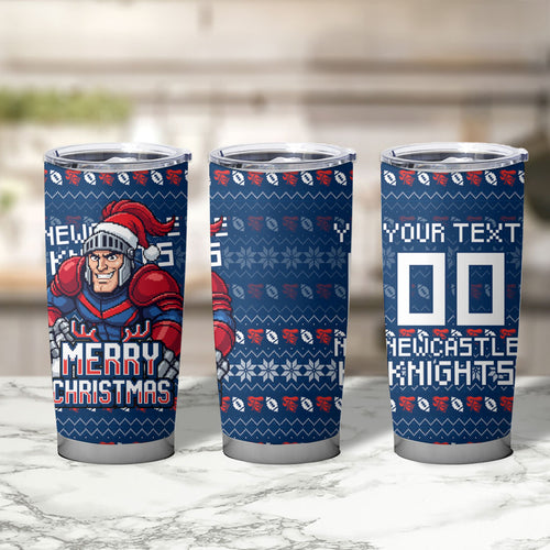 Personalized Newcastle Knights Christmas Tumbler Cup Australian Rugby Fans - Pixelated Ugly Xmas Pattern Mascot Santa