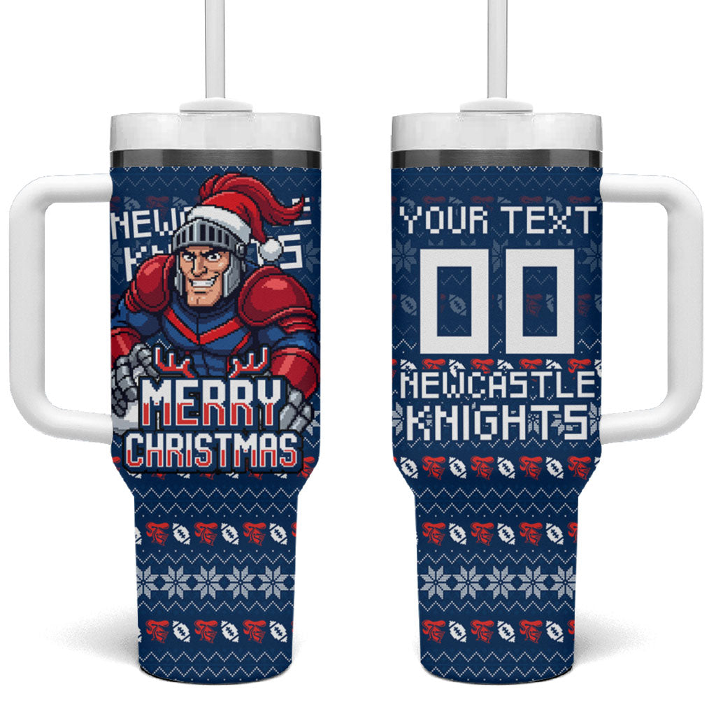 Personalized Newcastle Knights Christmas Tumbler With Handle Australian Rugby Fans - Pixelated Ugly Xmas Pattern Mascot Santa