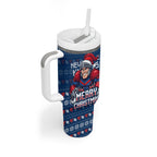 Personalized Newcastle Knights Christmas Tumbler With Handle Australian Rugby Fans - Pixelated Ugly Xmas Pattern Mascot Santa