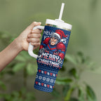 Personalized Newcastle Knights Christmas Tumbler With Handle Australian Rugby Fans - Pixelated Ugly Xmas Pattern Mascot Santa