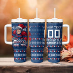 Personalized Newcastle Knights Christmas Tumbler With Handle Australian Rugby Fans - Pixelated Ugly Xmas Pattern Mascot Santa