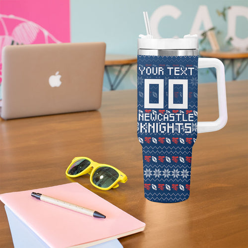 Personalized Newcastle Knights Christmas Tumbler With Handle Australian Rugby Fans - Pixelated Ugly Xmas Pattern Mascot Santa