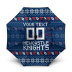 Personalized Newcastle Knights Christmas Umbrella Australian Rugby Fans - Pixelated Ugly Xmas Pattern Mascot Santa