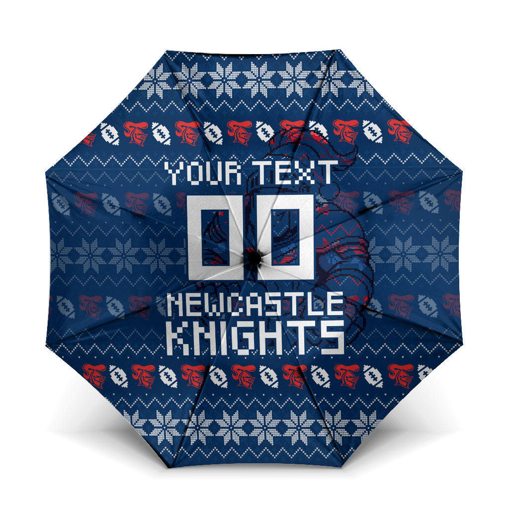 Personalized Newcastle Knights Christmas Umbrella Australian Rugby Fans - Pixelated Ugly Xmas Pattern Mascot Santa