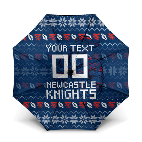 Personalized Newcastle Knights Christmas Umbrella Australian Rugby Fans - Pixelated Ugly Xmas Pattern Mascot Santa