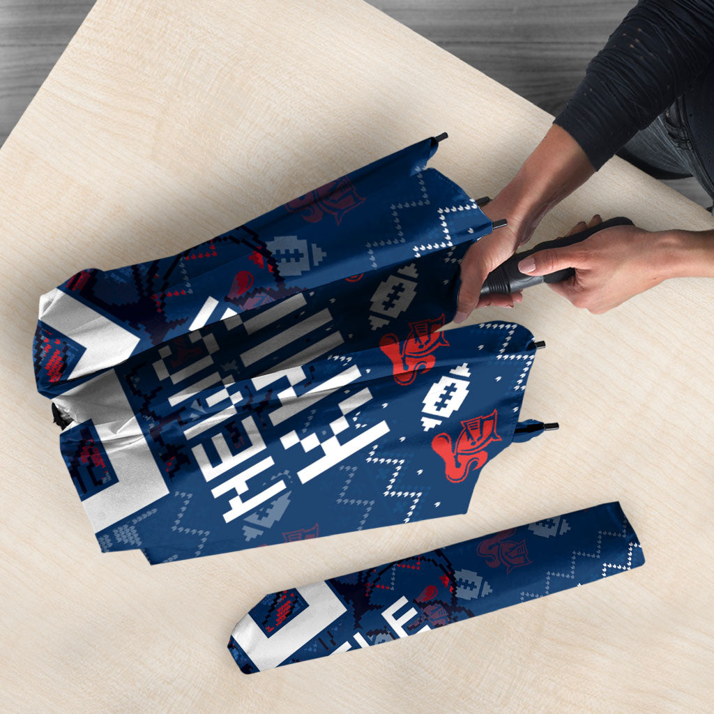 Personalized Newcastle Knights Christmas Umbrella Australian Rugby Fans - Pixelated Ugly Xmas Pattern Mascot Santa