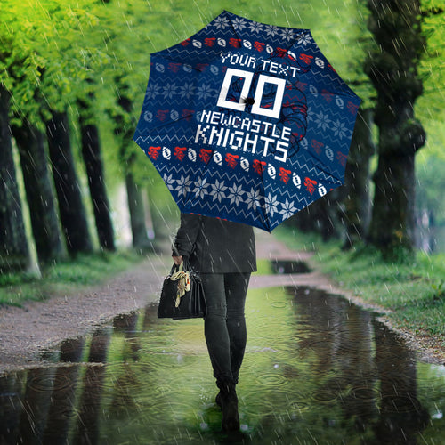 Personalized Newcastle Knights Christmas Umbrella Australian Rugby Fans - Pixelated Ugly Xmas Pattern Mascot Santa
