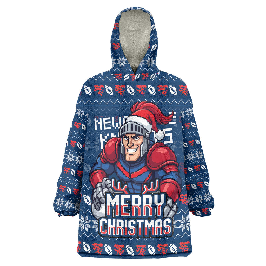 Personalized Newcastle Knights Christmas Wearable Blanket Hoodie Australian Rugby Fans - Pixelated Ugly Xmas Pattern Mascot Santa
