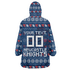 Personalized Newcastle Knights Christmas Wearable Blanket Hoodie Australian Rugby Fans - Pixelated Ugly Xmas Pattern Mascot Santa