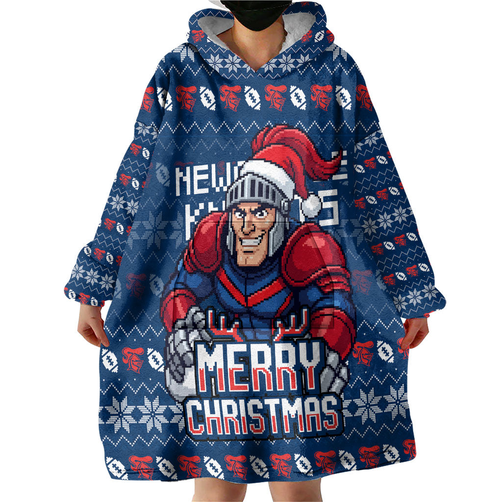 Personalized Newcastle Knights Christmas Wearable Blanket Hoodie Australian Rugby Fans - Pixelated Ugly Xmas Pattern Mascot Santa