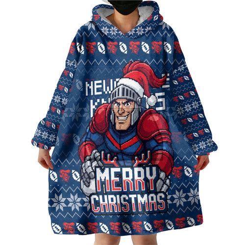 Personalized Newcastle Knights Christmas Wearable Blanket Hoodie Australian Rugby Fans - Pixelated Ugly Xmas Pattern Mascot Santa