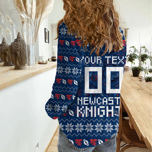 Personalized Newcastle Knights Christmas Women Casual Shirt Australian Rugby Fans - Pixelated Ugly Xmas Pattern Mascot Santa